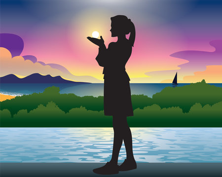 silhouette of a woman with a candle in her hand at sunsetのイラスト素材