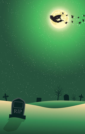Halloween night background with cemetery and full moon. Vector illustration.のイラスト素材
