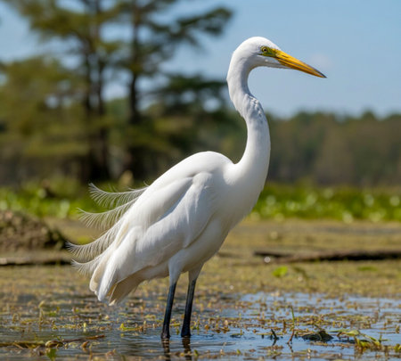 Egrets are small, medium and large water birds with long necks and legs. They are often seen roaming the water, feeding or standing still on grasses or aquatic plants.の写真素材