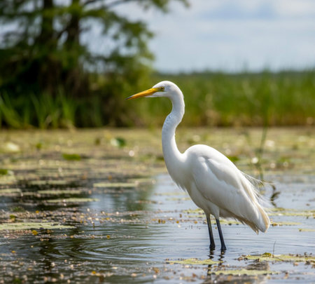 Egrets are small, medium and large water birds with long necks and legs. They are often seen roaming the water, feeding or standing still on grasses or aquatic plants.の写真素材