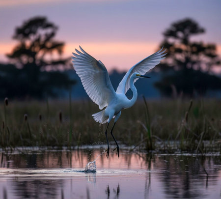 Egrets are small, medium and large water birds with long necks and legs. They are often seen roaming the water, feeding or standing still on grasses or aquatic plants.の写真素材