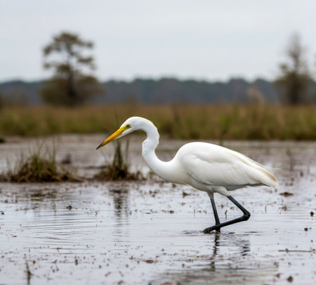 Egrets are small, medium and large water birds with long necks and legs. They are often seen roaming the water, feeding or standing still on grasses or aquatic plants.の写真素材