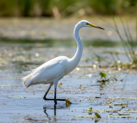 Egrets are small, medium and large water birds with long necks and legs. They are often seen roaming the water, feeding or standing still on grasses or aquatic plants.の写真素材