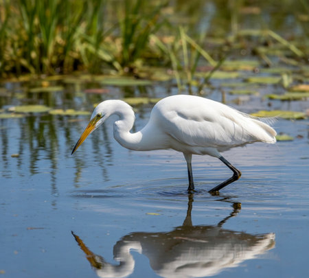 Egrets are small, medium and large water birds with long necks and legs. They are often seen roaming the water, feeding or standing still on grasses or aquatic plants.の写真素材