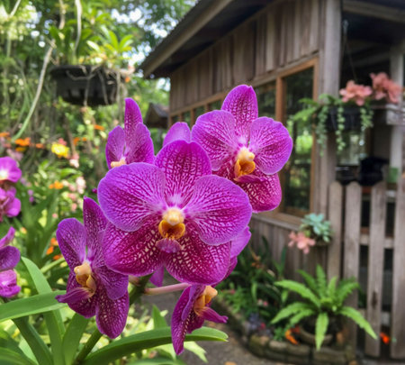 A cafe in Thailand is decorated with Vanda orchids, both native and new hybrid varieties.の写真素材