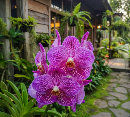 A cafe in Thailand is decorated with Vanda orchids, both native and new hybrid varieties.の写真素材