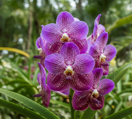 A cafe in Thailand is decorated with Vanda orchids, both native and new hybrid varieties.の写真素材
