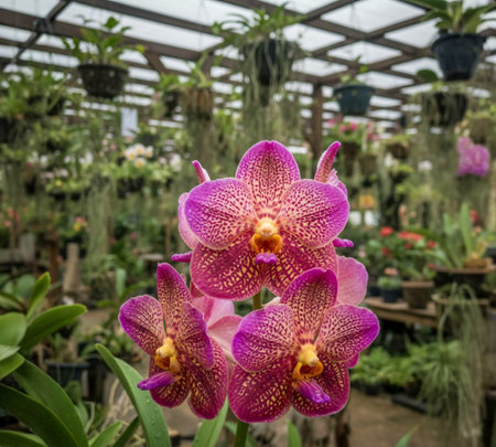 A cafe in Thailand is decorated with Vanda orchids, both native and new hybrid varieties.の写真素材