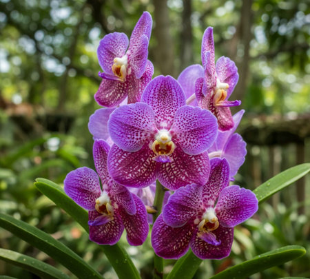 A cafe in Thailand is decorated with Vanda orchids, both native and new hybrid varieties.の写真素材