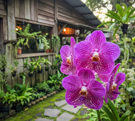 A cafe in Thailand is decorated with Vanda orchids, both native and new hybrid varieties.の写真素材