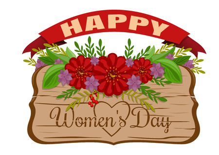 Happy Womens Day. Womens holiday card. March 8. Old wooden board with greeting inscription decorated with flowers. Wood board, red banner and flowers. illustrationのイラスト素材
