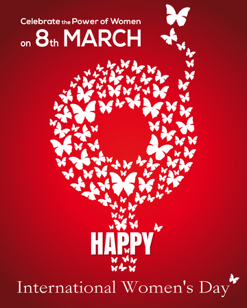 Gender symbol consisting of flying butterflies. 8 March. Gender female symbol. International Womens Day card. Happy Womens Day concept. Vector illustrationのイラスト素材