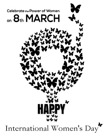 Gender symbol consisting of flying butterflies. 8 March. Black gender female symbol icon isolated on white background. International Womens Day card. Happy Womens Day concept. Vector illustrationのイラスト素材