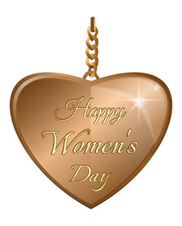 Happy Womens Day. Gold pendant in the shape of a heart with an greeting inscription. Golden heart on a gold chain isolated on white background. Golden heart for Womens Day. Vector illustrationのイラスト素材