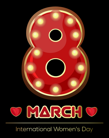 Retro neon sign in the form of a figure eight. Glowing eight. Vintage figure 8 March on a black background. International Womens Day. American advertisement style. Vector illustrationのイラスト素材