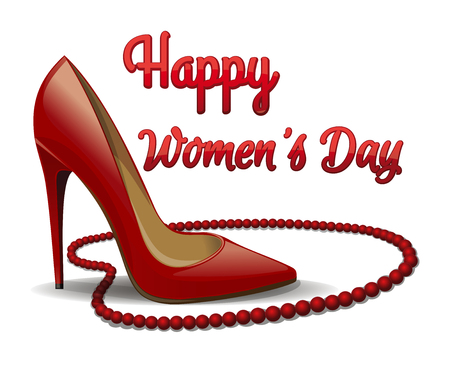 Red shoes and beads isolated on white background. Happy Womens Day. 8 March card. Design elements for the International Womens Day. Womens Day design. Vector illustrationのイラスト素材