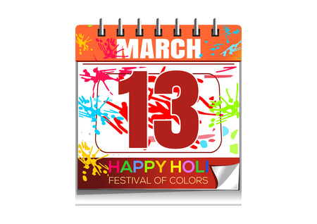Happy Holi. Wall calendar with the date of March 13. Annual Hindu festival of color and spring. Vector illustration isolated on white backgroundのイラスト素材