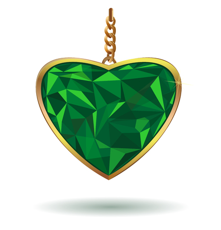 Love Heart Emerald Gemstone. Emerald heart in a gold frame. Cute design element. Luxury shine symbol of love. Emerald gem stone. Vector illustrationのイラスト素材