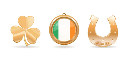 Gold icon set for St. Patricks Day. Trifoliate clover. Golden horseshoe with the inscription - Good Luck. Gold medallion with Irish flag inside. Vector illustrationのイラスト素材