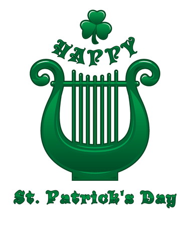 Greeting card with clover, lyre and greeting inscription. Happy St. Patricks Day. Lyra - traditional Irish musical instrument. Patricks Day celebration symbol. Vector illustration isolated on whiteのイラスト素材