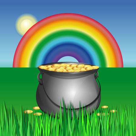 Pot of gold in the grass on the green lawn on the background of the rainbow. Magic pot with leprechaun gold coins. Colorful illustration for St. Patricks Dayのイラスト素材