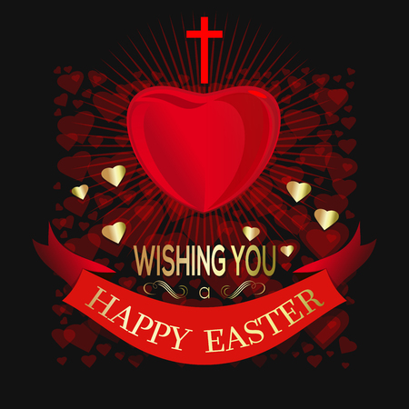 Happy Easter. Big red heart, Cross and Easter greetings on the dark background. Greeting card for Easter. Vector editable illustrationのイラスト素材