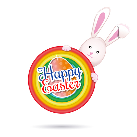 Happy Easter. Easter banner, icon, card. Easter Bunny with Easter greetings and egg isolated on white background. Spring Funny Bunny. Round colorful sticker. Vector illustrationのイラスト素材