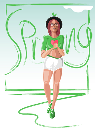 Spring design with cute fashionable girlのイラスト素材