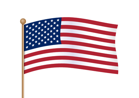 Waving american flag on pole. National symbol of United States of America USA with inclined gold stick. American flag isolated on white background. Vector illustrationのイラスト素材