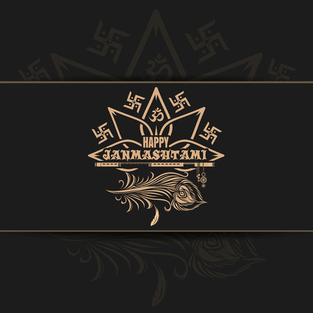 Krishna Janmashtami logo design on black background. Greeting card for celebrating Krishna birthday. Vector illustrationのイラスト素材