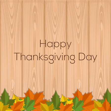 Thanksgiving design with inscription - Happy Thanksgiving Day. Autumn leaves on the wooden background. Vector illustrationのイラスト素材