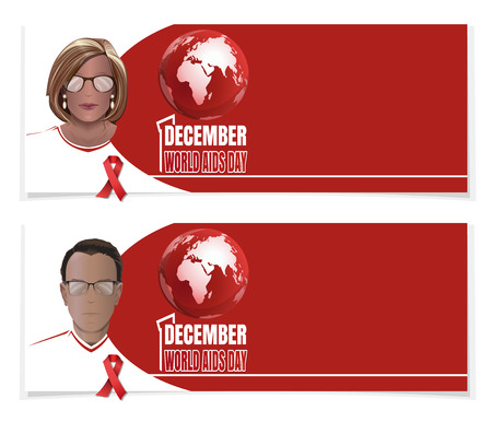 World AIDS Day banner set. 1 December. Man and woman with red ribbons on chest. Vector illustrationのイラスト素材