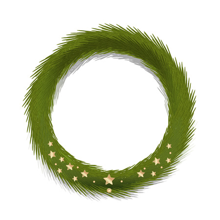 Green christmas wreath decorated with gold stars. Round fir wreath. Vector illustration isolated on white backgroundのイラスト素材