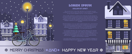 Merry Christmas and Happy New Year. Horizontal banner with the traditional New Years greetings and free space for text. Bicycle with a Christmas tree in a snowy fairy-tale town. Vector illustrationのイラスト素材