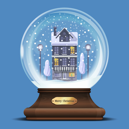Christmas glass ball with a house under the snow. Xmas design element. New Year gift. Merry Christmas. Vector illustrationのイラスト素材