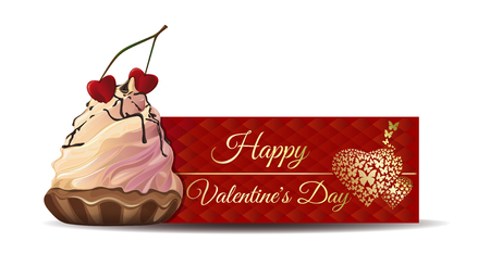 Cake with cherries heart shaped on the background of a greeting card. Gold greeting inscription on an abstract red background. Happy Valentines Day. Vector banner Valentines Dayのイラスト素材