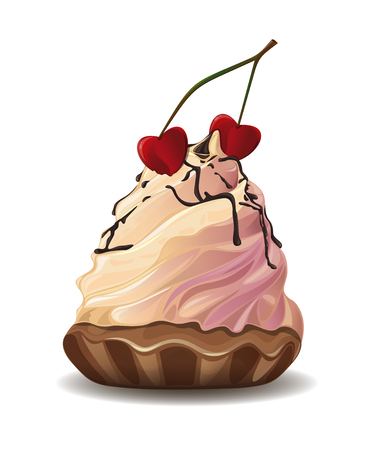 Cake with cherries in the shape of a heart isolated on a white background. Vector illustrationのイラスト素材