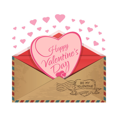 Postal envelope with a heart inside. Love message. Romantic design for Valentines Day. Be my Valentine. Vector illustrationのイラスト素材