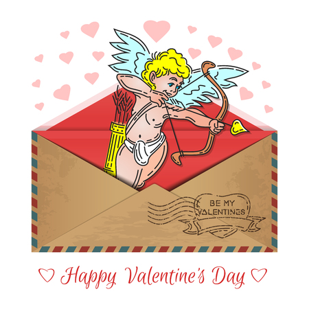Romantic design for Valentines Day. Love message. Postal envelope with Cupid inside. Be my Valentine. Happy Valentines Day. Vector illustration.のイラスト素材