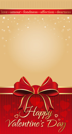 Beige festive background with red ribbon and bow for Valentines Day. Background for romantic cards with empty space. Happy Valentine's Day. Vector backgroundのイラスト素材