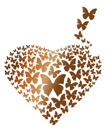 Heart consisting of gold flying butterflies. Design element for romantic cards. Vector illustrationのイラスト素材