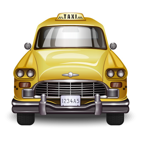 Retro taxi. Vintage yellow car with black taxi sign. Realistic vector illustration isolated on white backgroundのイラスト素材