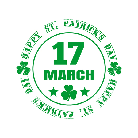 March 17. Green grunge rubber stamp with clover and the text Happy St. Patrick's Day written inside. Design element for celebration of Saint Patrick's Day. Vector illustration.のイラスト素材