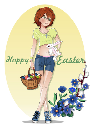 Easter card with a cute girl, basket of Easter eggs and a rabbit. Greeting card for Easter. Happy Easter. Vector illustrationのイラスト素材