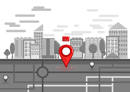 Red bright location pin on the background of a schematically drawn black and white city.のイラスト素材