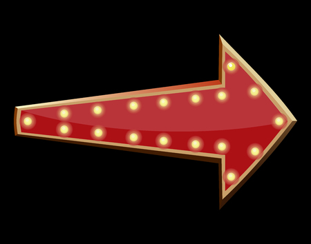 Retro neon sign. Glowing arrow. Red arrow pointer on a black background. American advertisement style. Vector illustrationのイラスト素材