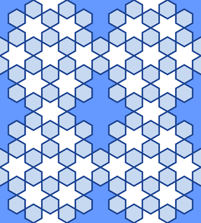 Blue seamless stellar pattern. Seamless pattern of crosses and stars, simulating stained glass....