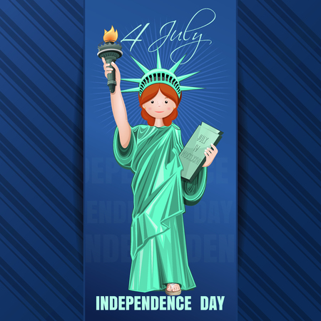Independence Day card. Fourth of July. Independence Day design with cute girl dressed as the Statue of Liberty and greeting lettering on elegant blue background. Vector illustrationのイラスト素材