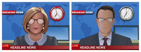 Breaking news banners set with male and female speakers in the studio. Man and woman silhouettes news anchor. News background collection. Vector illustrationのイラスト素材