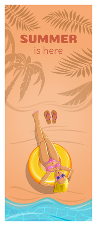 Vertical summer card with a cute blonde girl. Young woman sunbathing on the beach by the sea. Summer is here. Vector illustrationのイラスト素材